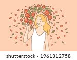Natural beauty and flowers concept. Young smiling woman model wearing white dress looking at the flowers while standing beside flowers on summer day vector illustration 