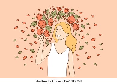 Natural beauty and flowers concept. Young smiling woman model wearing white dress looking at the flowers while standing beside flowers on summer day vector illustration 