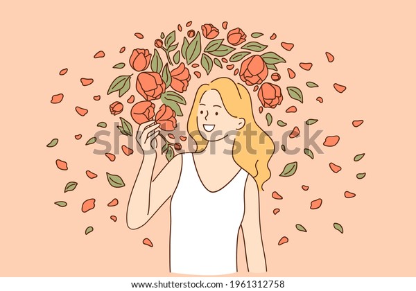 Natural beauty and\
flowers concept. Young smiling woman model wearing white dress\
looking at the flowers while standing beside flowers on summer day\
vector illustration 