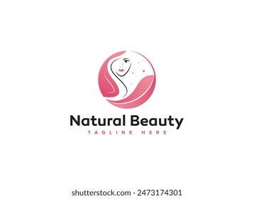 Natural Beauty with Girl Face Leaf Logo Vector Design Template