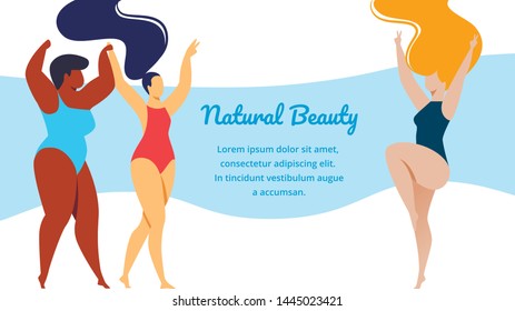 Natural Beauty Horizontal Banner. Body Positive Movement, Diversity. Multiracial Women of Different Height, Figure Type and Size Dressed in Swimsuits Standing in Row. Cartoon Flat Vector Illustration