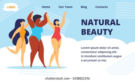 Natural Beauty Horizontal Banner. Multiracial Women of Different Height, Figure Type and Size Dressed in Swimsuits Standing in Row. Body Positive Movement, Diversity. Cartoon Flat Vector Illustration