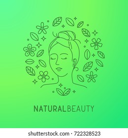 Natural beauty icon. Vegan, organic skincare cosmetics concept. Healthy lifestyle design. Lady / woman in flowers and leaves. Circle line image. Eco-friendly poster. Green vector illustration. 