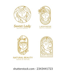 natural beauty logo collection with woman and flower line art design style