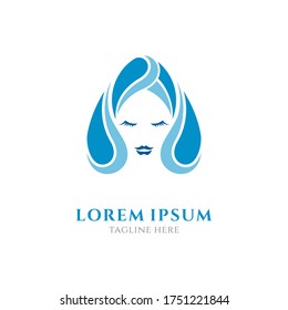 Natural Beauty Logo with Water Drops and Women Face Concept, Luxury Logo Style Blue Color on White Background