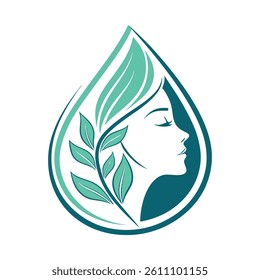 Natural Beauty Logo , Woman Face with Leaf and Water Drop Vector Design .

