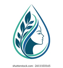 Natural Beauty Logo , Woman Face with Leaf and Water Drop Vector Design .
