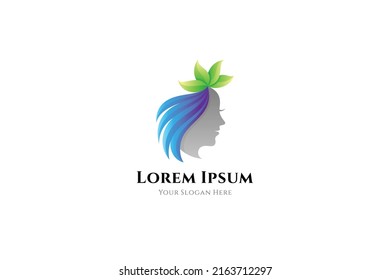 natural beauty logo, women and leaf with 3d shape in gradient blue and green color