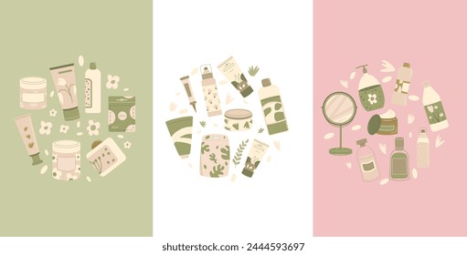 Natural beauty products circle emblem set. Cleansing and moisturizing face. Skincare cosmetics round composition. Bottles, containers and tubes. Flat vector illustration.