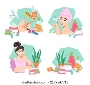 Natural beauty products and cosmetics, skincare production banners and labels set for spa salon and cosmetic procedures, flat vector illustration isolated on white background.