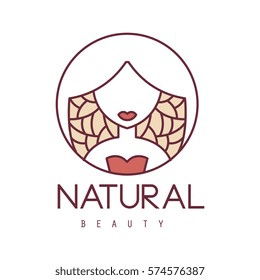 Natural Beauty Salon Hand Drawn Cartoon Outlined Sign Design Template With Stylized Woman On Floral Background In Round Frame