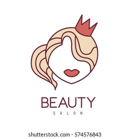 Natural Beauty Salon Hand Drawn Cartoon Outlined Sign Design Template With Portrait Of Princess In Crown