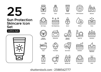 Natural Beauty and Skin Health. Face Masks, Serums, and Moisturizers. Vector Illustration. Outline icon set