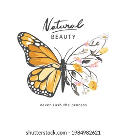 natural beauty slogan with butterfly half branches of flower vector illustration