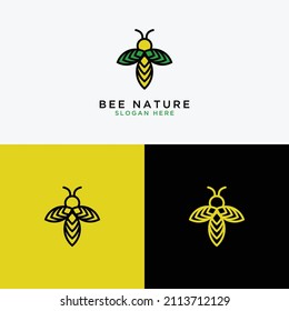 Natural bee design logo template. Bees with wings are made of leaves.