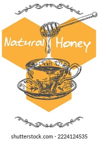 Natürliche Bienenhonigkarte Design Vektor. Speiseposter mit Tee- oder Kaffeetasse mit Löffel, die süße Sirup-Illustration gießt. Gesunder Nektar aus der Werbung für Imker