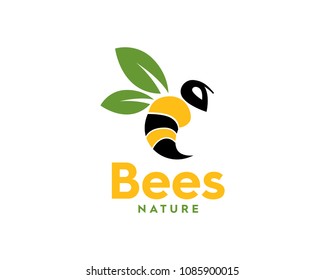 Natural Bee Logo with Leaf Wings Vector