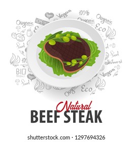 Natural Beef Steak. Meat Dish. Banner with hand-draw doodle elements on the background. Vector illustration
