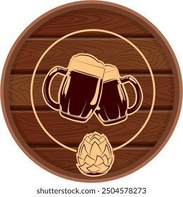 Natural beer signboard. Wooden round barrel with glass mugs