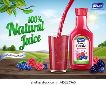 Natural berry blend juice ads, refreshing berries with juice pouring down into a glass cup isolated on wooden table in 3d illustration