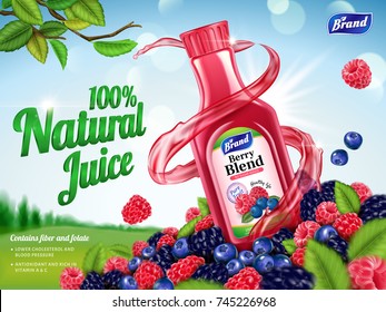 Natural berry blend juice ads, refreshing berries with swirling juice liquid isolated on green field in 3d illustration