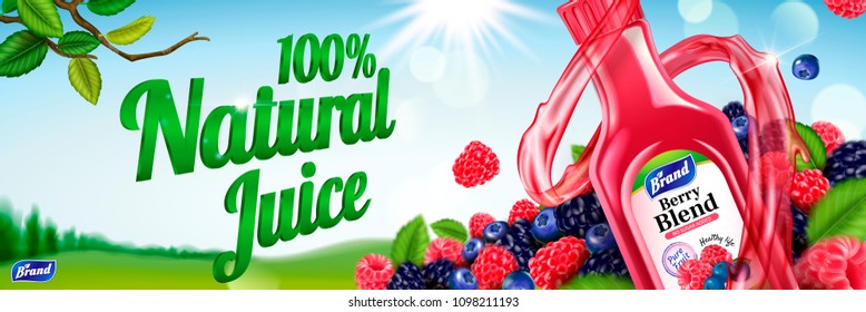 Natural berry blend juice with plenty fruit on bokeh outdoor background in 3d illustration