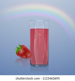 Natural berry juice, ads refreshing berries with juice. Glass of strawberry juice. Vector illustration