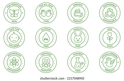 Natural Bio Cosmetic Product Line Stamp. Ecological Skincare Makeup Green Label Set. Eco Friendly Cosmetic Ingredient Sticker. Symbol. Cruelty Free Certificate Seal. Isolated Vector Illustration.