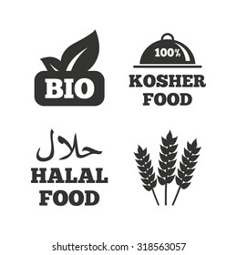 Natural Bio Food Icons. Halal And 100% Kosher Signs. Gluten Free Agricultural Symbol. Flat Icons On White. Vector