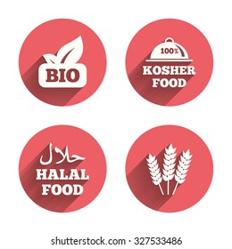 Natural Bio food icons. Halal and 100% Kosher signs. Gluten free agricultural symbol. Pink circles flat buttons with shadow. Vector