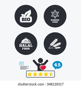 Natural Bio food icons. Halal and Kosher signs. Gluten free and star of David symbols. Star vote ranking. Client like and think bubble. Quotes with message.