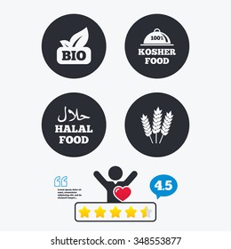Natural Bio food icons. Halal and 100% Kosher signs. Gluten free agricultural symbol. Star vote ranking. Client like and think bubble. Quotes with message.