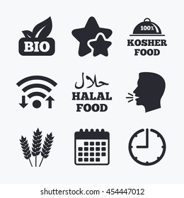 Natural Bio food icons. Halal and 100% Kosher signs. Gluten free agricultural symbol. Wifi internet, favorite stars, calendar and clock. Talking head. Vector
