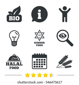 Natural Bio food icons. Halal and Kosher signs. Gluten free and star of David symbols. Information, light bulb and calendar icons. Investigate magnifier. Vector