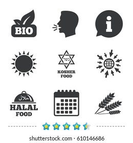 Natural Bio food icons. Halal and Kosher signs. Gluten free and star of David symbols. Information, go to web and calendar icons. Sun and loud speak symbol. Vector
