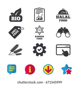 Natural Bio food icons. Halal and Kosher signs. Gluten free and star of David symbols. Browser window, Report and Service signs. Binoculars, Information and Download icons. Stars and Chat. Vector