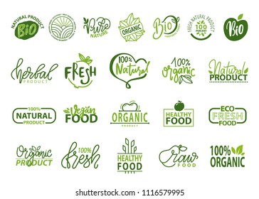 Ilustración vectorial de los alimentos biológicos naturales aislados en la colección de logotipos de fondo blanco, iconos de productos frescos sanos al 100%, afiche publicitario