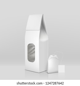 Natural black tea packaging 3d realistic vector with teabag and blank white, air-tight sealed paper packet with tea leaves inside, visible through transparent window illustration. Food product mockup