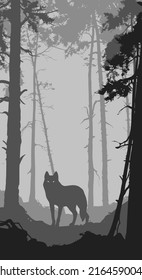 natural black and white background with forest and wolf, vector illustration