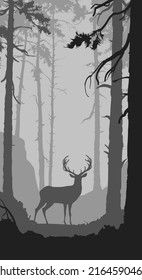 natural black and white background with forest and deer, vector illustration