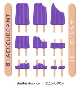 Natural blackcurrant ice cream sorbet in different form. Blackcurrant pattern consisting of sweet cold ice cream sorbet, tasty frozen dessert. Fresh taste fruit ice cream sorbet of purple blackcurrant