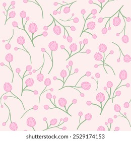 Natural Bloom Bud Floral Vector. Pink Green Sweet Pastel Design. Stem and Flowers Seamless Pattern Vector. Morning Fresh Wild Garden. Hand Draw print striped, ornament floral, wrapping, Textile Print.