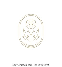 Camomila de flor de flor natural com folhas em elipse ilustração de vetor de ícone de arte de linha de moldura dourada. Logotipo de emblema de luxo de ervas florais botânicas bonitas para o cuidado da pele do artista da maquiagem do bem-estar