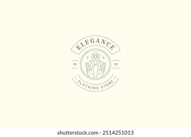 Flor de flor natural em mulheres mãos círculo linha arte logotipo modelo de design para a ilustração de vetor de beleza. Erva orgânica botânica floral em armas insígnias minimalistas para eco cosmética loja loja marca