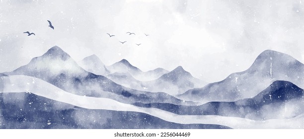 Natural blue mountain landscape. Abstract contemporary aesthetic backgrounds landscapes. with mountains, hill and flying bird. vector illustrations