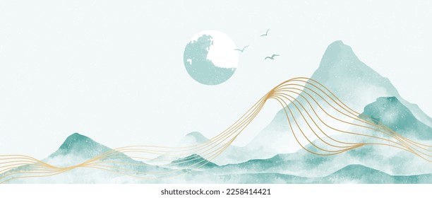 Natural blue mountain landscape with golden line art. Abstract contemporary aesthetic backgrounds landscapes. Mountains, hill and sun. vector illustrations