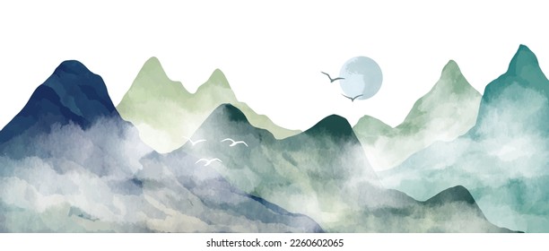 Natural blue mountain landscape. Watercolor painting. Abstract contemporary aesthetic backgrounds landscapes. with mountains, hill and the moon. vector illustrations