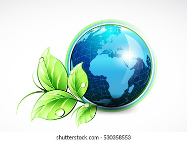 Natural blue World with green leaves and water drops. Vector illustration