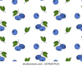 Natural Blueberry branches seamless pattern. Cute doodle hand drawn berry. Sweet summer organic fruit. Healthy eating, vitamin, vegan. Ingredient for dessert, smoothie