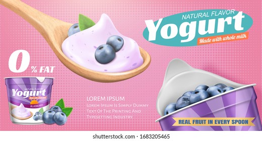 Natural Blueberry Yogurt Banner Ads With A Spoon Of Yoghurt And A Cup Of Fresh Fruit On Pink Halftone Background, 3d Illustration